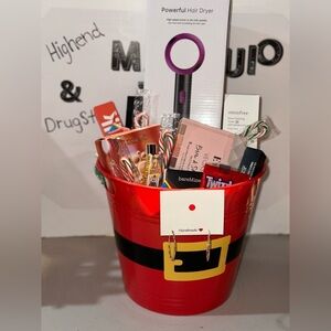 Red Santa Bucket with Makeup & Hair dryer